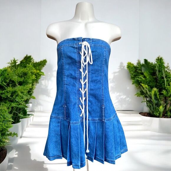 Y2K Denim Tube Dress M Pleated Skirt Lace-Up Front Drop Waist Skater 2000s USA - Picture 1 of 16
